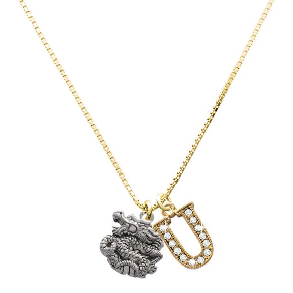 Delight Jewelry Silver-tone Chinese Dragon - Large Goldtone Crystal Initial - U - Charm Necklace, 17.5"+2"