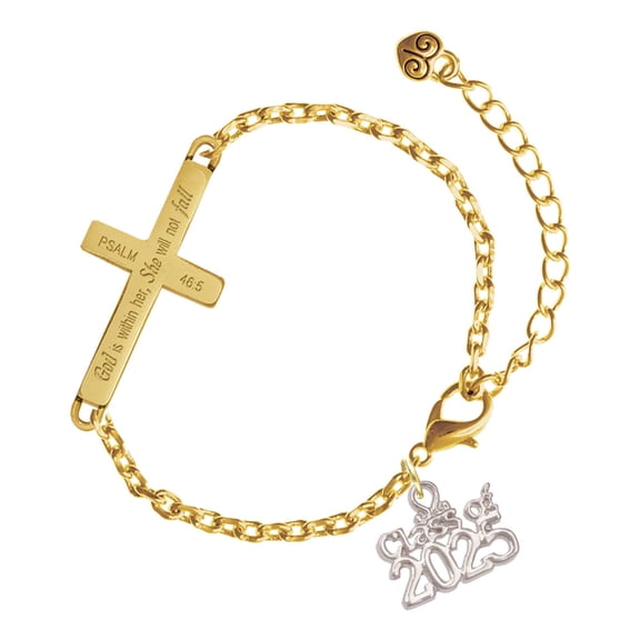 Delight Jewelry Silver-tone Class of 2025 - Gold Tone Psalm 46:5 She will not fall Engraved Cross Charm Bracelet, 6.5+1.5" Extender