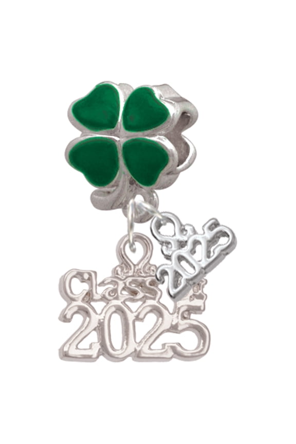 Silver-tone Class of 2025 - Good Luck Green Four Leaf Clover Charm Bead Dangle with Mini 2025