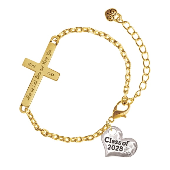 Delight Jewelry Silver-tone Class of 2028 Heart - Gold Tone Numbers 6:24 May the Lord Bless You Engraved Cross Charm Bracelet, 6.5+1.5" Extender