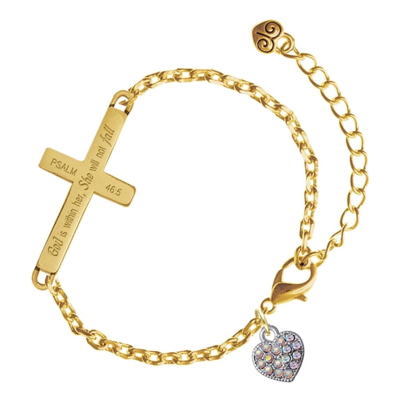 Delight Jewelry Silver-tone Clear AB Crystal Heart - Gold Tone Psalm 46:5 She will not fall Engraved Cross Charm Bracelet, 6.5+1.5" Extender