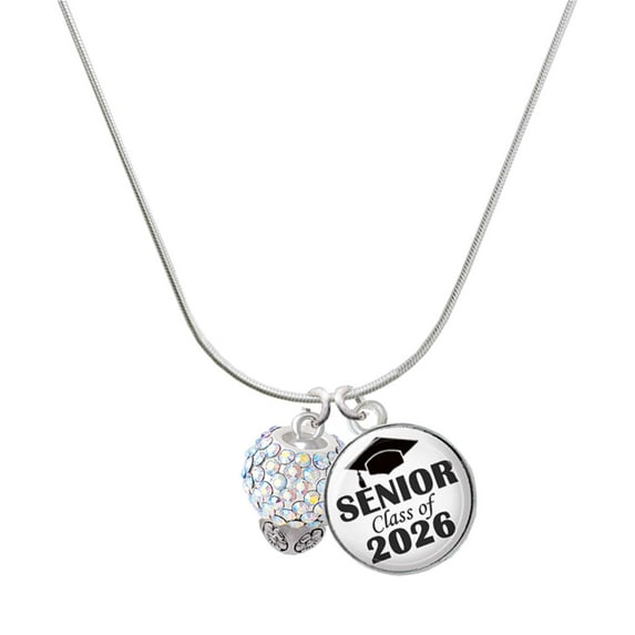 Delight Jewelry Silver-tone Clear AB Crystal Sparkle Spinner - Silvertone Senior Class of 2026 Dome Necklace, 18"