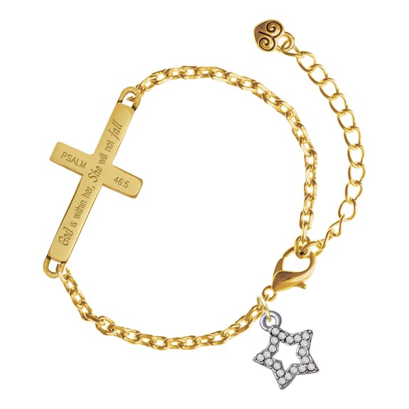 Delight Jewelry Silver-tone Clear Crystal Lucky Star - Gold Tone Psalm 46:5 She will not fall Engraved Cross Charm Bracelet, 6.5+1.5" Extender