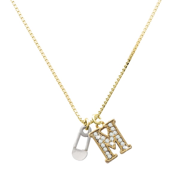 Delight Jewelry Silver-tone Clear Frosted Safety Pin - Large Goldtone Crystal Initial - M - Charm Necklace, 17.5"+2"