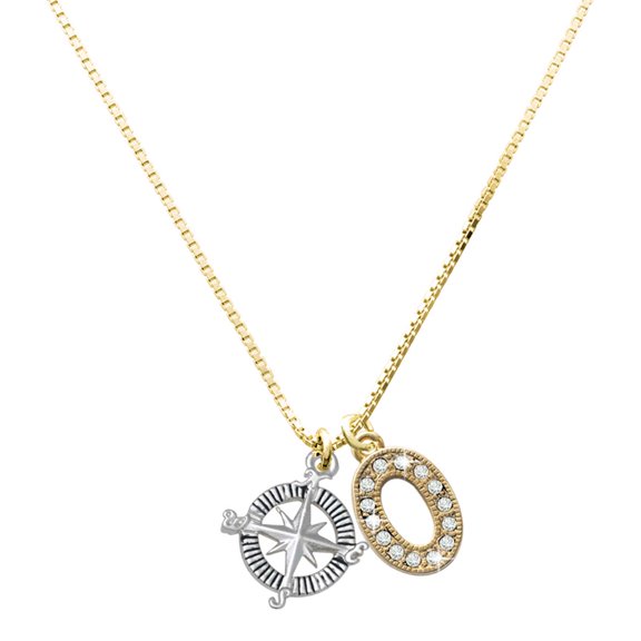 Delight Jewelry Large Goldtone Crystal Initial Necklace, featuring Silver Tone Compass Charm, 17.5"+2", O
