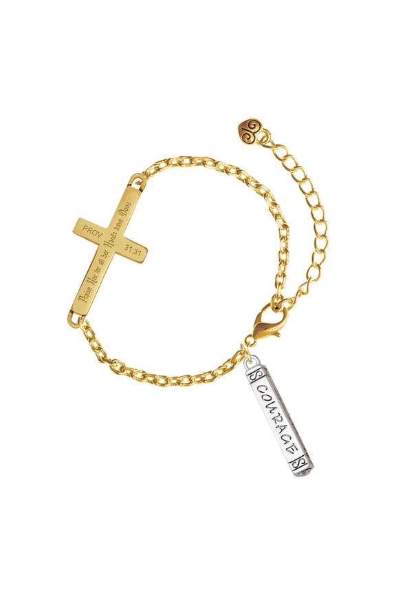 Silver-tone Courage Strength Wisdom Honesty - Bar - Gold Tone Proverbs 31:31 Praise Her for all Her Hands have Done Engraved Cross Charm Bracelet, 6.5+1.5" Extender