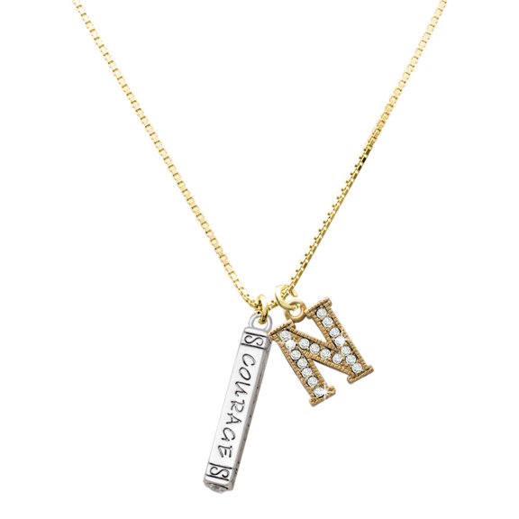 Delight Jewelry Silver-tone Courage Strength Wisdom Honesty - Bar - Large Goldtone Crystal Initial - N - Charm Necklace, 17.5"+2"