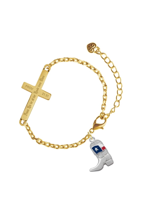 Silver-tone Cowboy Boot with Texas Flag - Gold Tone Proverbs 31:31 Praise Her for all Her Hands have Done Engraved Cross Charm Bracelet, 6.5+1.5" Extender