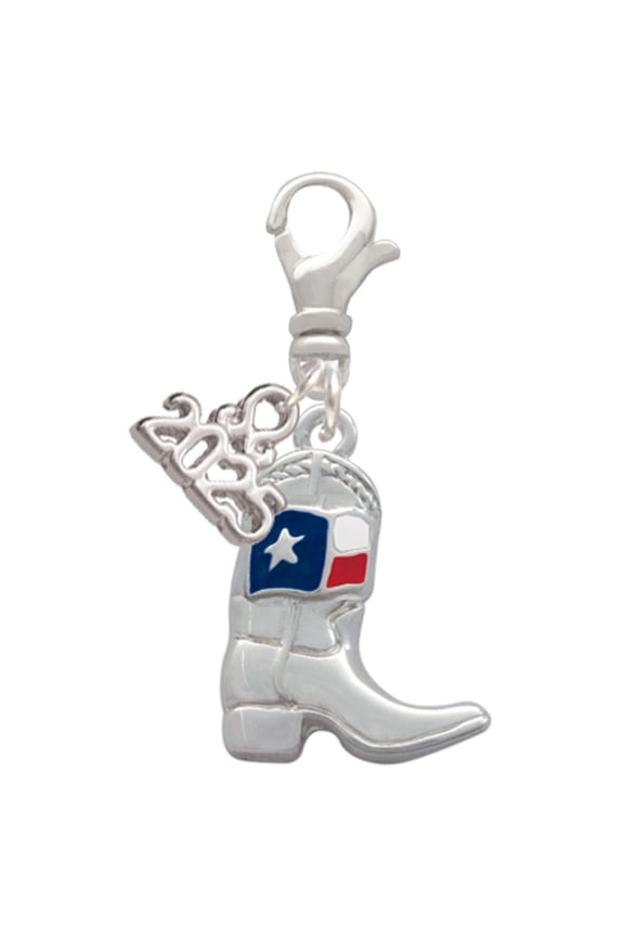 Silver-tone Cowboy Boot with Texas Flag - Silver-tone Clip on Charm with Mini Year 2025