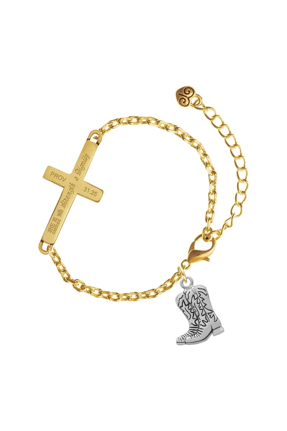 Silver-tone Cowboy Boots - Gold Tone Proverbs 31:25 She is Clothed with Strength and Dignity Engraved Cross Charm Bracelet, 6.5+1.5" Extender