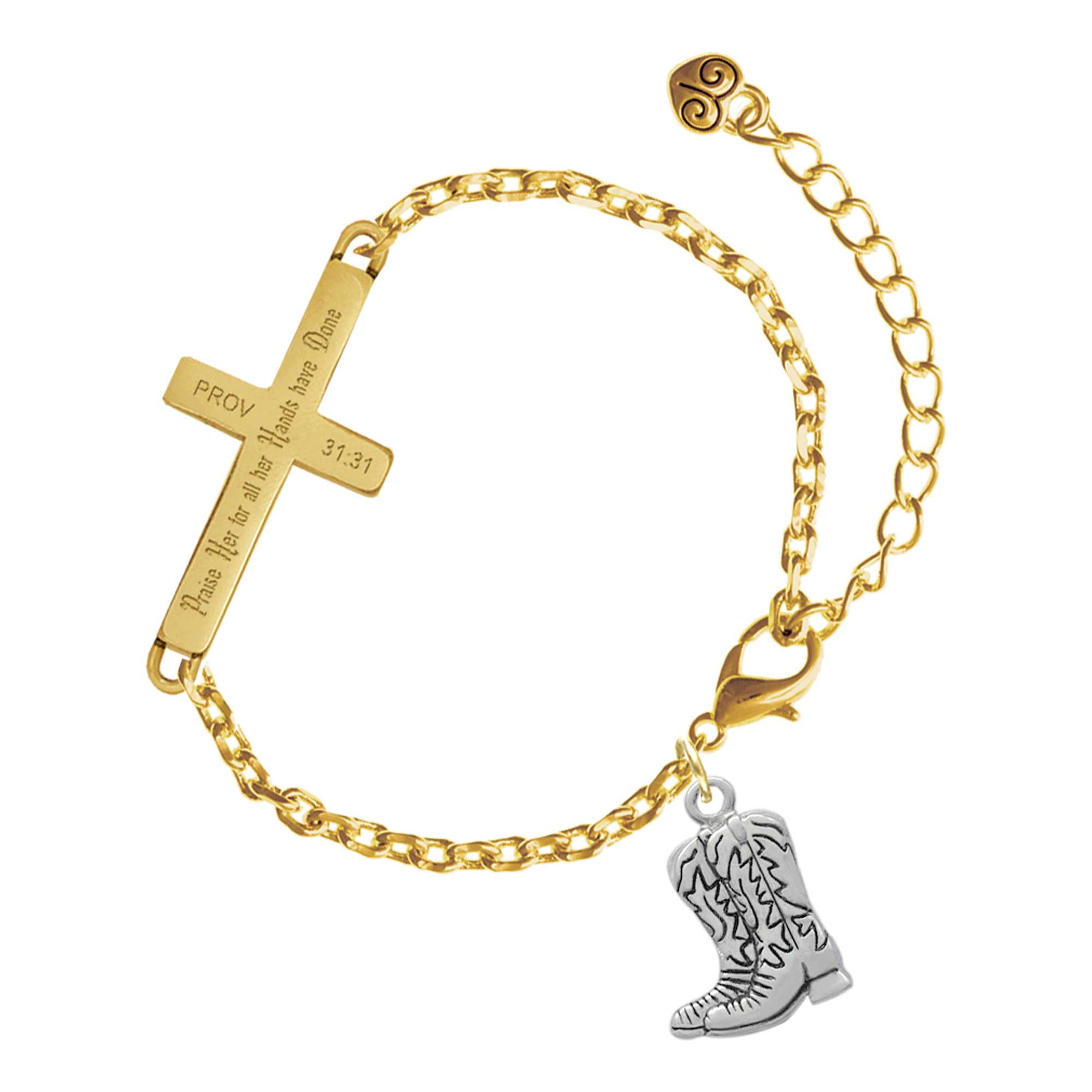 Delight Jewelry Silver-tone Cowboy Boots - Gold Tone Proverbs 31:31 Praise Her for all Her Hands have Done Engraved Cross Charm Bracelet, 6.5+1.5" Extender