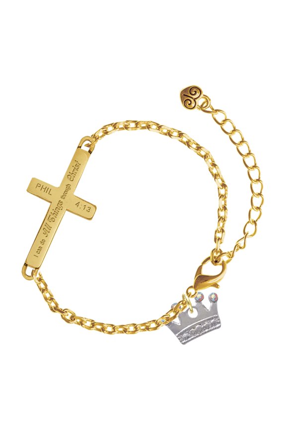 Silver-tone Crown with Crystals and Textured Bottom - Gold Tone Philipians 4:13 I Do All Things Through Christ Engraved Cross Charm Bracelet, 6.5+1.5" Extender