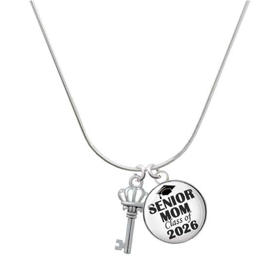 Delight Jewelry Silver-tone Crown Key - Silvertone Senior Mom Class of 2026 Dome Necklace, 18"