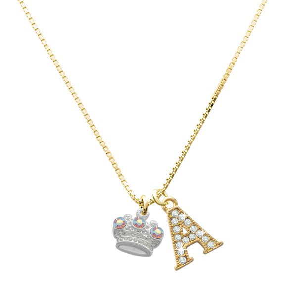 Delight Jewelry Silver-tone Crown with 3 Clear AB Crystals - Large Goldtone Crystal Initial - A - Charm Necklace, 17.5"+2"