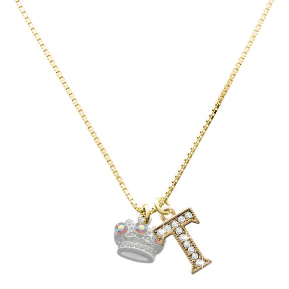 Delight Jewelry Silver-tone Crown with 3 Clear AB Crystals - Large Goldtone Crystal Initial - T - Charm Necklace, 17.5"+2"