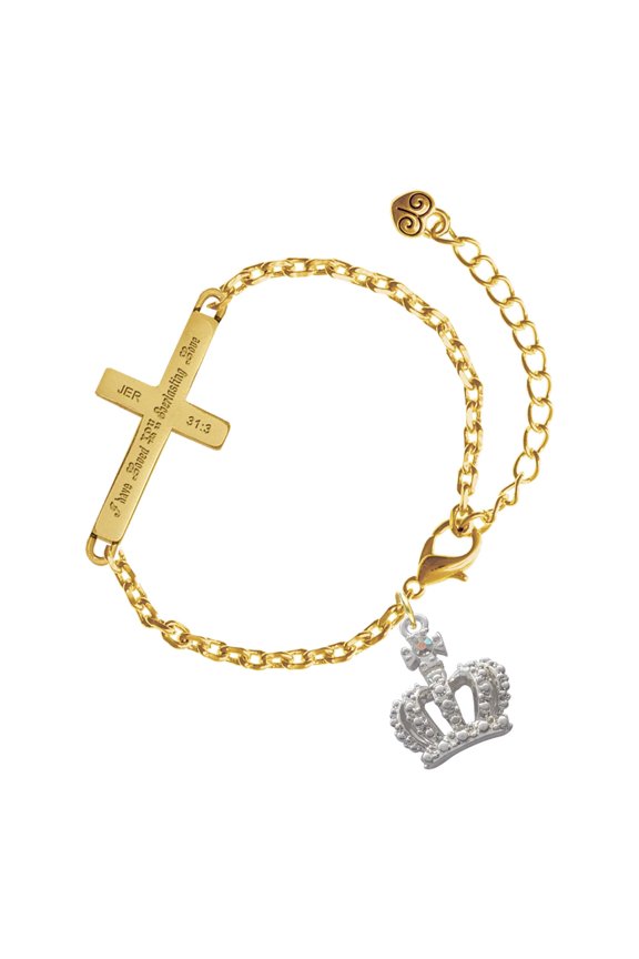 Silver-tone Crown with AB Crystal - Gold Tone Jeremiah 31:3 Everlasting Love Engraved Cross Charm Bracelet, 6.5+1.5" Extender