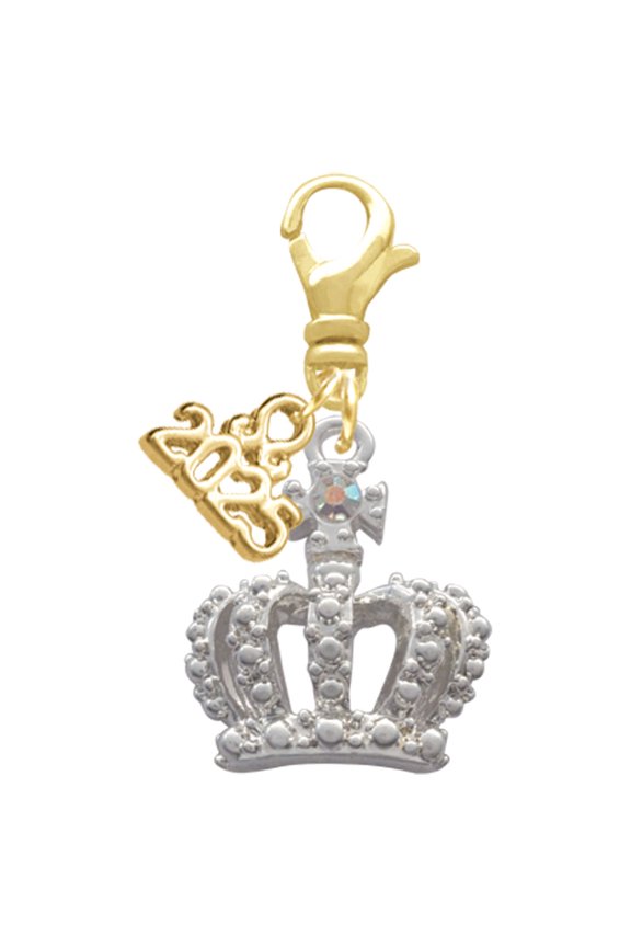 Silver-tone Crown with AB Crystal - Gold-tone Clip on Charm with Mini Year 2025