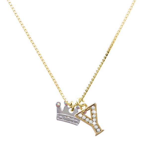 Delight Jewelry Silver-tone Crown with Crystals and Textured Bottom - Large Goldtone Crystal Initial - Y - Charm Necklace, 17.5"+2"
