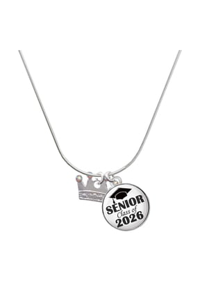 Silver-tone Crown with Crystals and Textured Bottom - Silvertone Senior Class of 2026 Dome Necklace, 18"