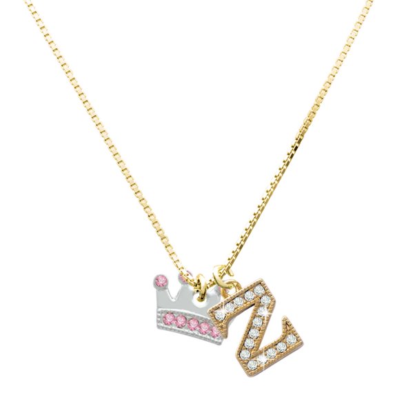 Delight Jewelry Silver-tone Crown with Light Pink Crystals - Large Goldtone Crystal Initial - Z - Charm Necklace, 17.5"+2"