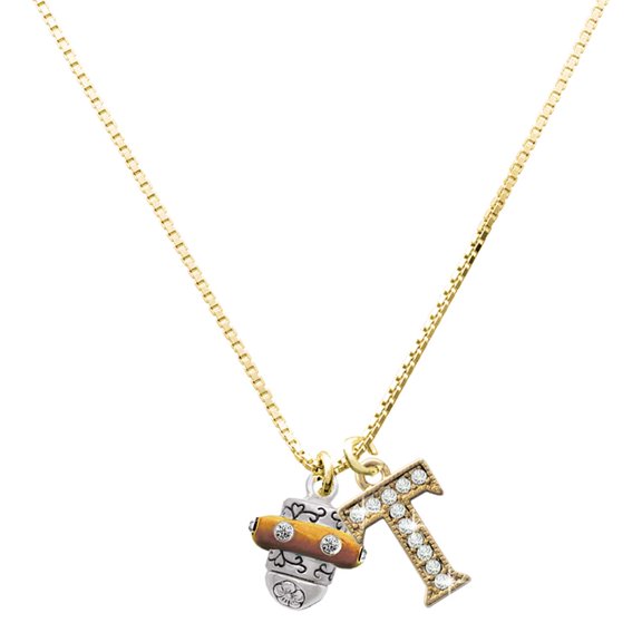 Delight Jewelry Silver-tone Crystal Brown Spinner - Large Goldtone Crystal Initial - T - Charm Necklace, 17.5"+2"