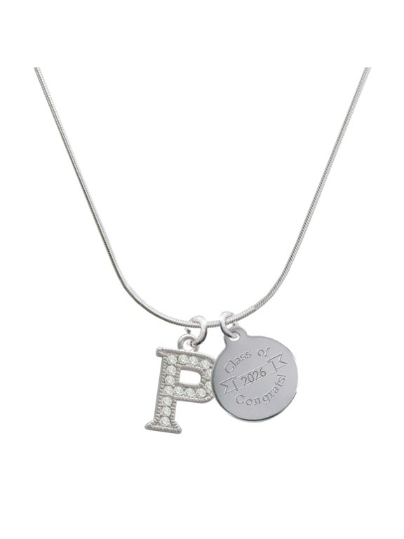 Silver-tone Crystal Initial - P - Engraved Congrats Class of 2026 Charm Necklace, 18"