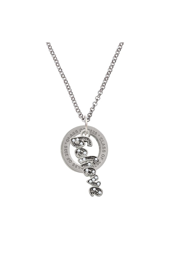 Silver-tone Crystal Script ''Believe'' - Class of 2026 Affirmation Ring Necklace, 23"