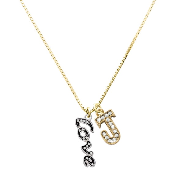 Delight Jewelry Silver-tone Crystal Script ''Love'' Charm and Goldtone Crystal Initial J Charm Necklace, 17.5"+2"