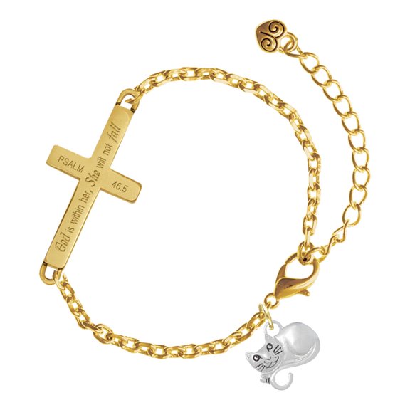 Delight Jewelry Silver-tone Curled Up Cat - Gold Tone Psalm 46:5 She will not fall Engraved Cross Charm Bracelet, 6.5+1.5" Extender
