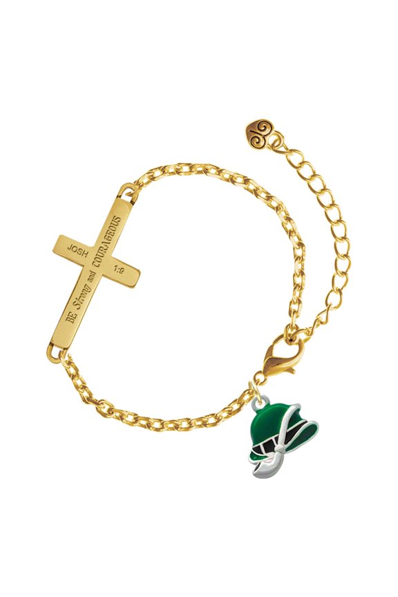 Silver-tone Derby Hat with Pipe - Gold Tone Joshua 1:9 Strong and Courageous Engraved Cross Charm Bracelet, 6.5+1.5" Extender