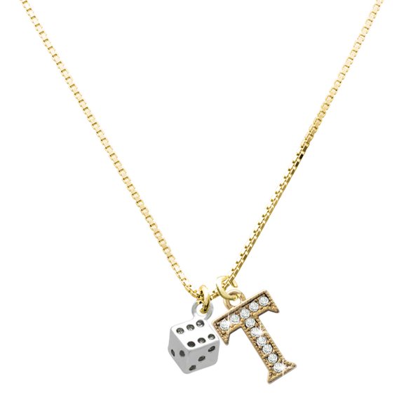 Delight Jewelry Silver-tone Dice - Large Goldtone Crystal Initial - T - Charm Necklace, 17.5"+2"