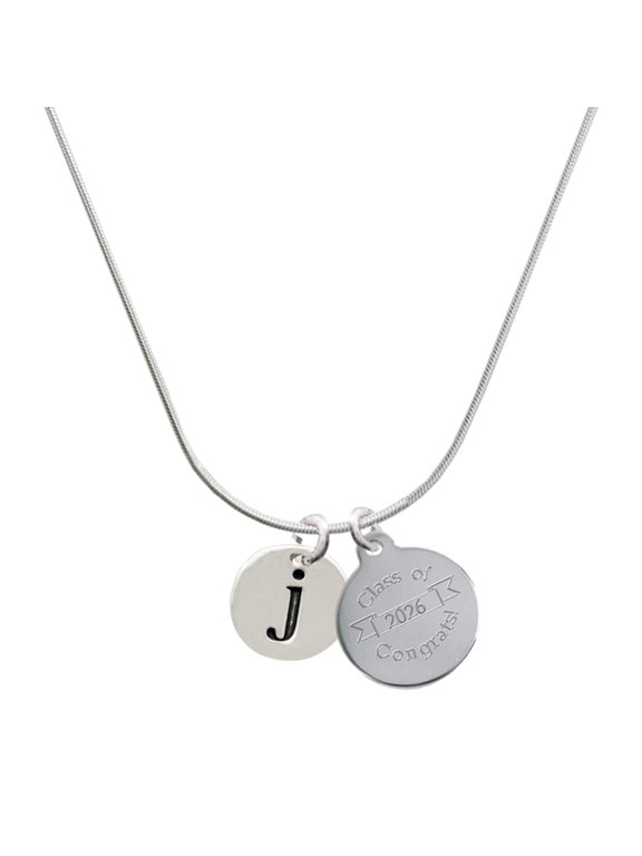 Silver-tone Disc 1/2'' Initial - j - Engraved Congrats Class of 2026 Charm Necklace, 18"
