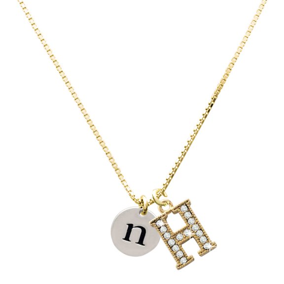 Delight Jewelry Silver-tone Disc 1/2'' Initial - n - Large Goldtone Crystal Initial - H - Charm Necklace, 17.5"+2"