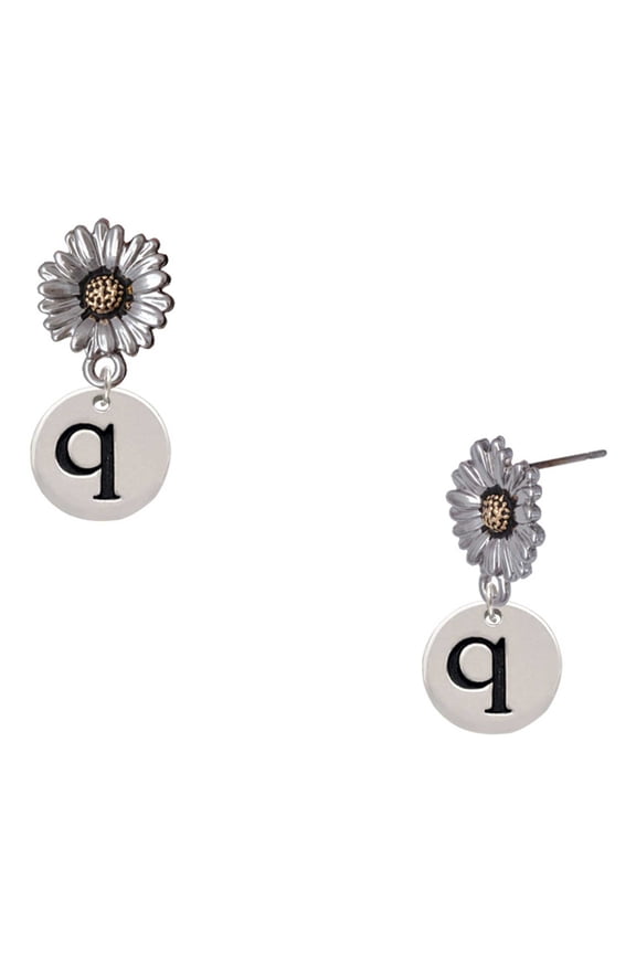 Silver-tone Disc 1/2'' Initial - q - Two-tone Daisy Flower Post Earrings