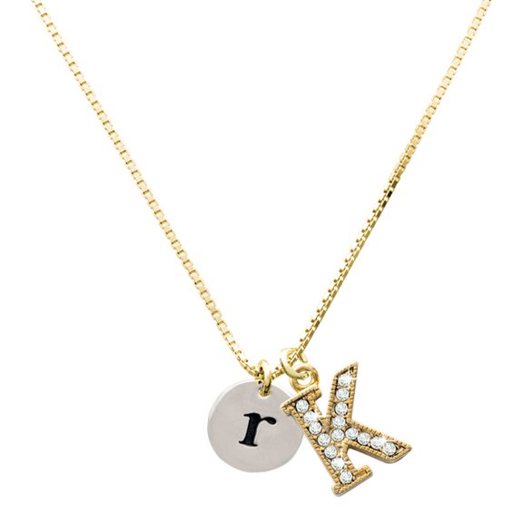 Delight Jewelry Silver-tone Disc 1/2'' Initial - r - Large Goldtone Crystal Initial - K - Charm Necklace, 17.5"+2"