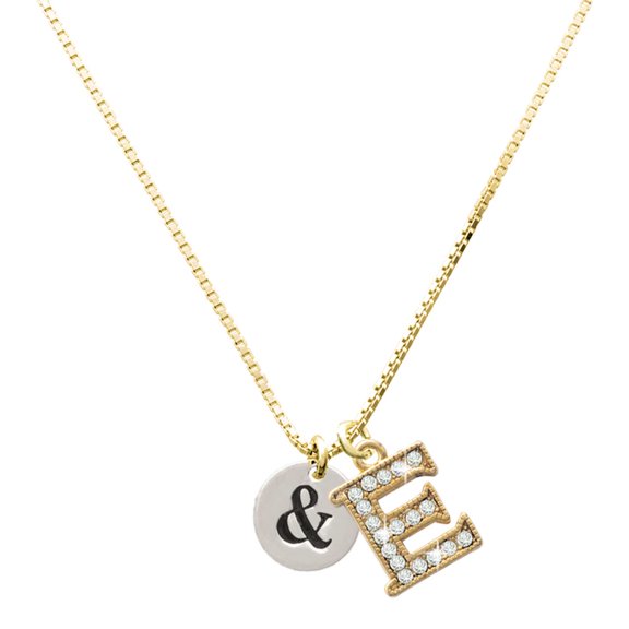 Delight Jewelry Silver-tone Disc 1/2'' - Symbol - Ampersand - & with Large Goldtone Crystal Initial E Charm Necklace, 17.5"+2"