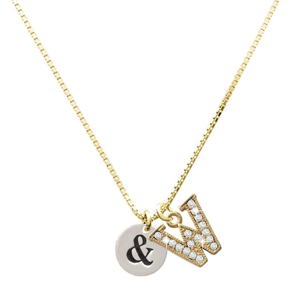 Delight Jewelry Silver-tone Disc 1/2'' - Symbol - Ampersand - & - Large Goldtone Crystal Initial - W - Charm Necklace, 17.5"+2"