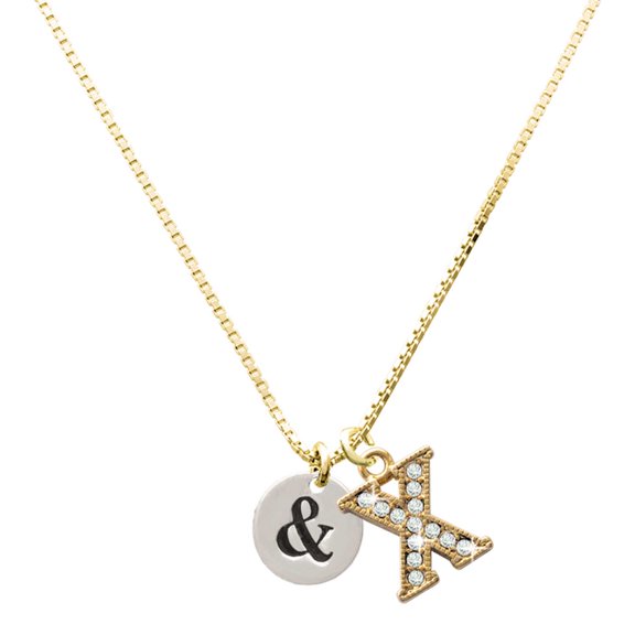 Delight Jewelry Silver-tone Disc 1/2'' - Symbol - Ampersand - & - Large Goldtone Crystal Initial - X - Charm Necklace, 17.5"+2"