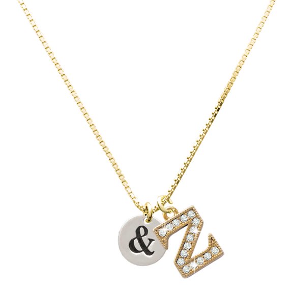 Delight Jewelry Silver-tone Disc 1/2'' - Symbol - Ampersand - & - Large Goldtone Crystal Initial - Z - Charm Necklace, 17.5"+2"