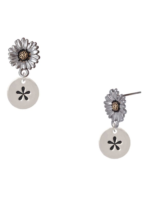 Silver-tone Disc 1/2'' - Symbol - Asterisk - * - Two-tone Daisy Flower Post Earrings