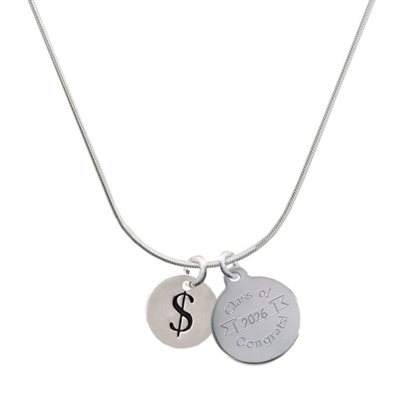 Delight Jewelry Silver-tone Disc 1/2'' - Symbol - Dollar Sign - $ - Engraved Congrats Class of 2026 Charm Necklace, 18"