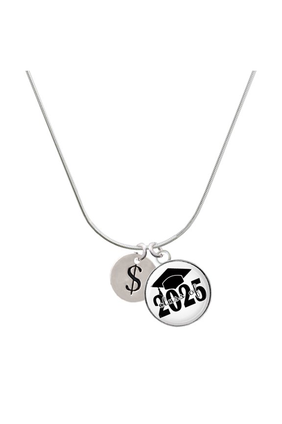 Silver-tone Disc 1/2'' - Symbol - Dollar Sign - $ - Script Class of 2025 Dome Charm Necklace, 18"