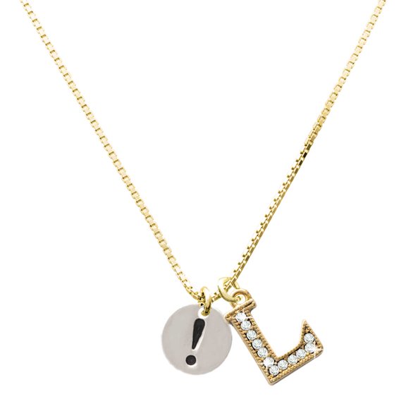 Delight Jewelry Silver-tone Disc 1/2'' - Symbol - Exclamation Point - ! - Large Goldtone Crystal Initial - L - Charm Necklace, 17.5"+2"