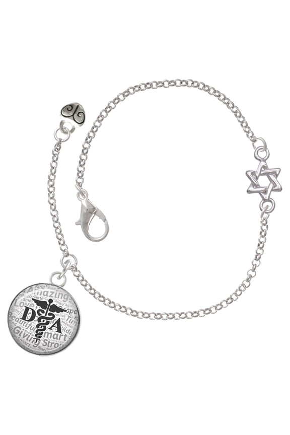 Silver tone Domed Black DA Charm on Star of David Delicate Bracelet, 6.25+1.75" Extender