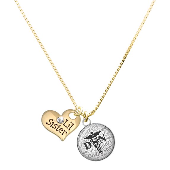 Delight Jewelry Silver-tone Domed Black DSN - Large Goldtone Lil Sister Heart Charm Necklace, 17.5"+2" Extender