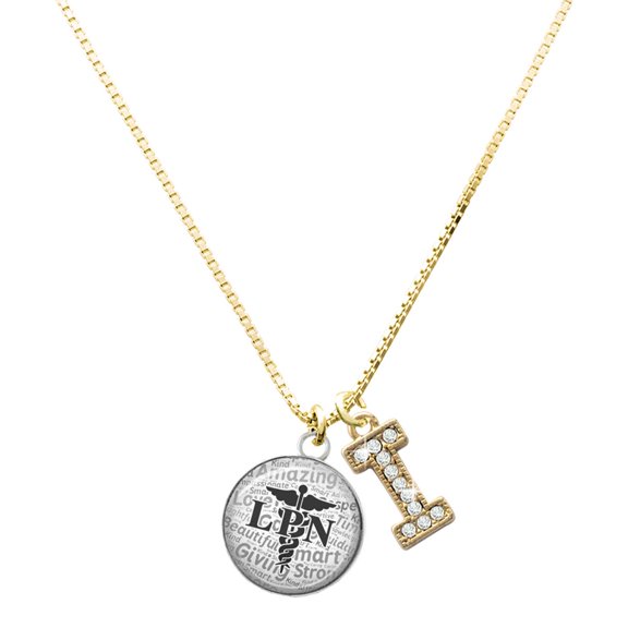 Delight Jewelry Silver-tone Domed Black LPN Charm and Goldtone Crystal Initial I Charm Necklace, 17.5"+2"