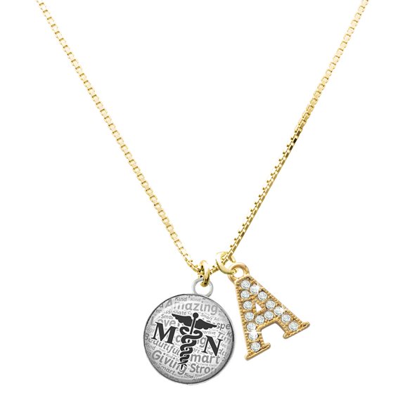 Delight Jewelry Silver-tone Domed Black MN - Large Goldtone Crystal Initial - A - Charm Necklace, 17.5"+2"