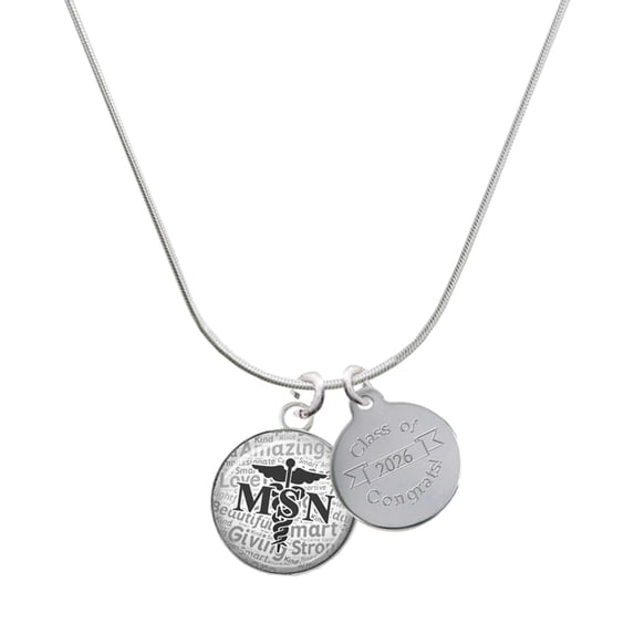 Delight Jewelry Silver-tone Domed Black MSN - Engraved Congrats Class of 2026 Charm Necklace, 18"