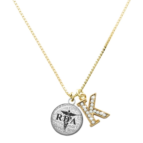 Delight Jewelry Silver-tone Domed Black RDA - Large Goldtone Crystal Initial - K - Charm Necklace, 17.5"+2"