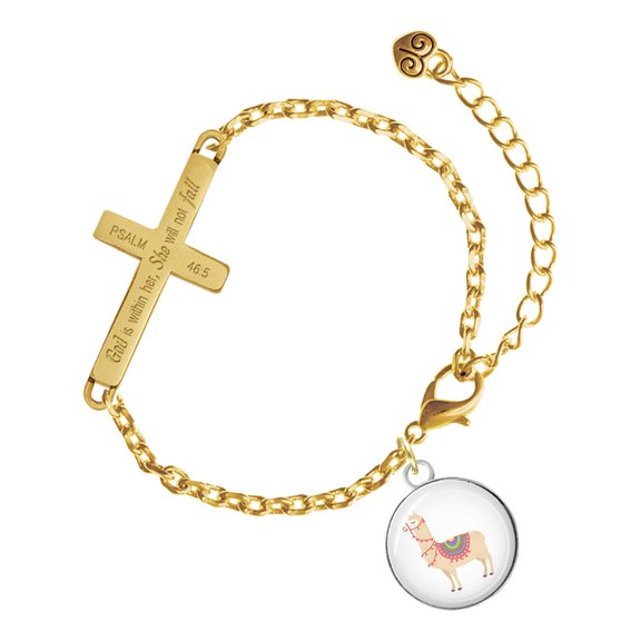Delight Jewelry Silver-tone Domed Llama - Gold Tone Psalm 46:5 She will not fall Engraved Cross Charm Bracelet, 6.5+1.5" Extender